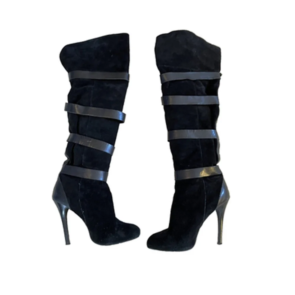 BCBGeneration Black Suede Buckle Accents Over Knee Stiletto Boots Sz 10